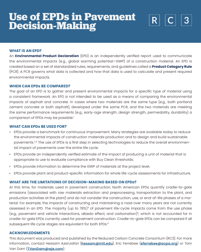 RC3 Consortium releases one-pager on EPD utility for pavement decision-making